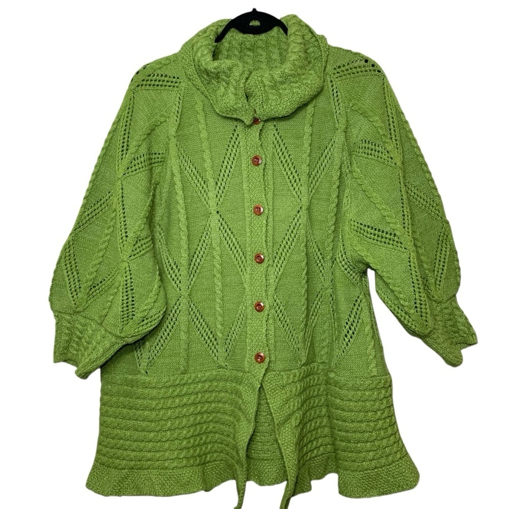 C.O.Z.Y Green Knit Sweater Ballon Sleeve Button Front Sz M (Real L-XL) Granola
